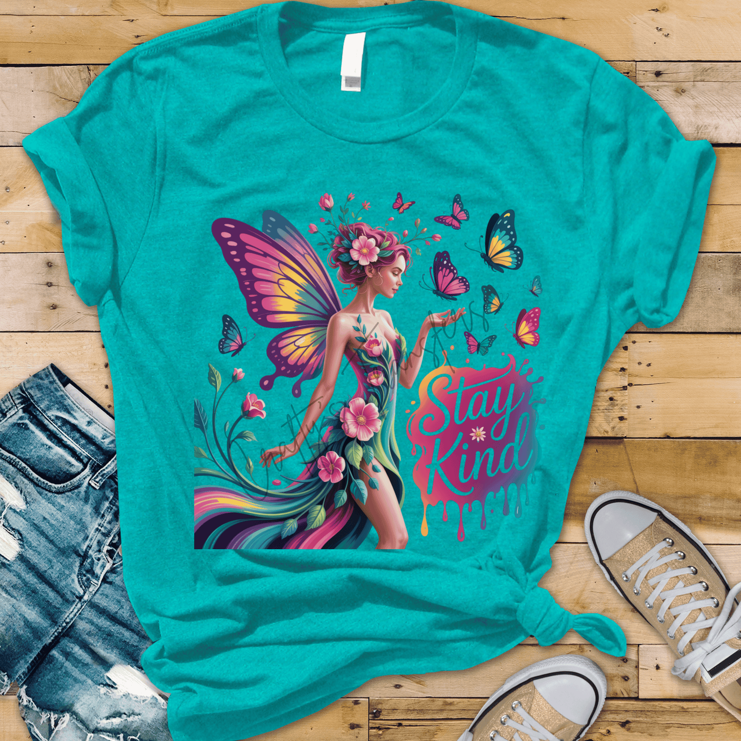 Stay Kind Butterfly Fairy DTF Transfer | Colorful Floral Fairy Wings Design | Inspirational Quote Shirt Transfer | Boho Spring Summer Graphic