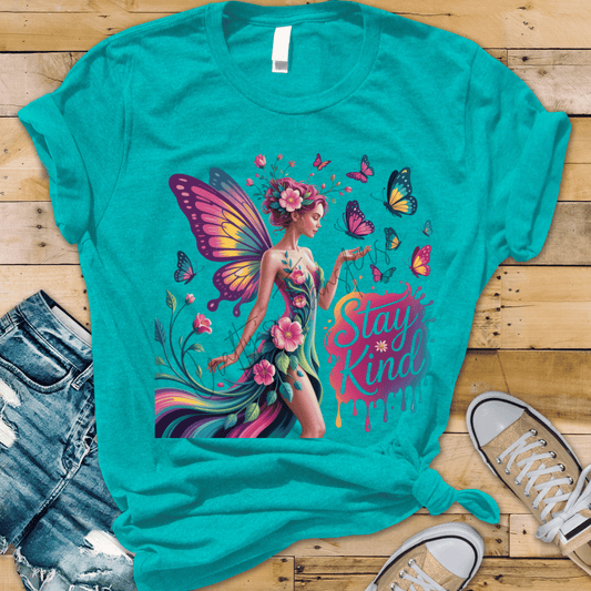 Stay Kind Butterfly Fairy DTF Transfer | Colorful Floral Fairy Wings Design | Inspirational Quote Shirt Transfer | Boho Spring Summer Graphic