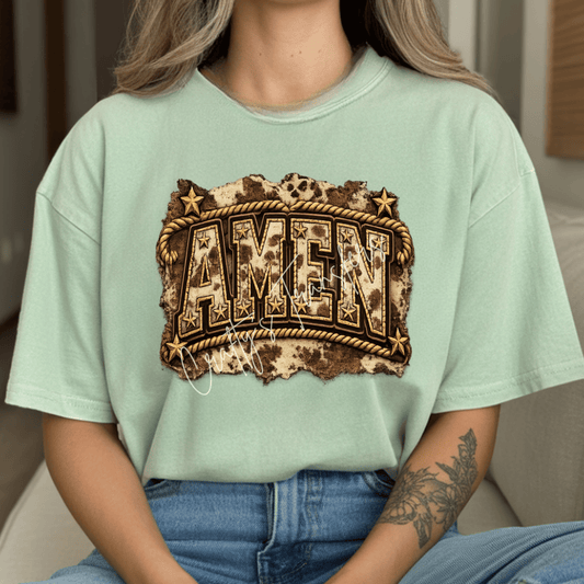 Amen Cowhide Western DTF Transfer | Rustic Faith Heat Transfer | Ready to Press Western DTF Design