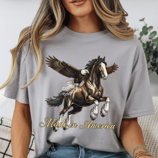 Made in America Horse & Eagle DTF Transfer | Patriotic Western Graphic | USA Freedom Shirt Design Ready to Press