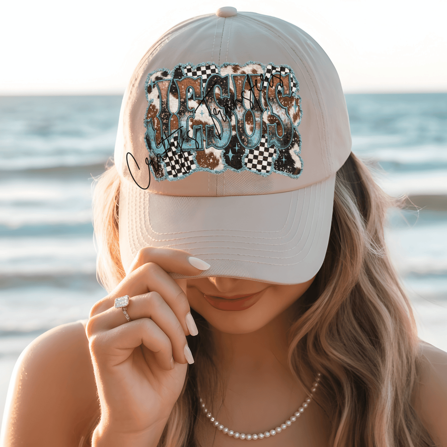 Western Jesus Cowhide DTF Transfer | Turquoise Faith Heat Transfer | Ready to Press Boutique DTF Design