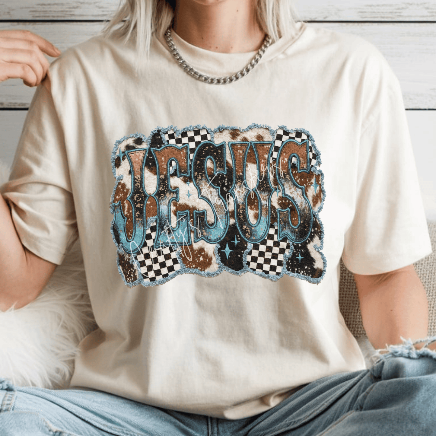 Western Jesus Cowhide DTF Transfer | Turquoise Faith Heat Transfer | Ready to Press Boutique DTF Design