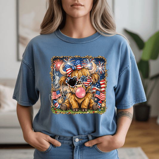 4th of July Highland Cow DTF Transfer | Patriotic Cow Fireworks Heat Transfer | Ready to Press USA DTF Design