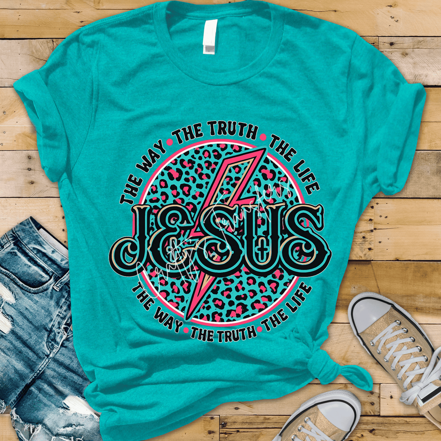 Jesus Neon Leopard DTF Transfer | Retro Faith Lightning Bolt Heat Transfer | Ready to Press DTF Design