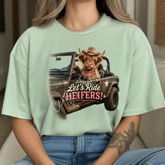 Let’s Ride Heifers DTF Transfer | Highland Cow Jeep Graphic | Western Funny Cowgirl Shirt Design | Rustic Off Road Heat Transfer