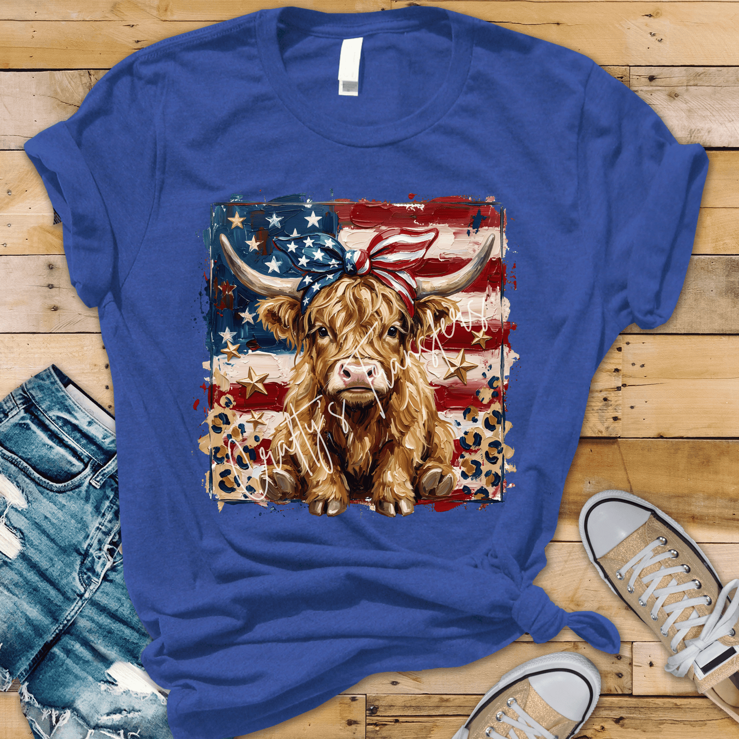 Patriotic Highland Cow DTF Transfer | American Flag Cowgirl Graphic | 4th of July Western Shirt Design | USA Heat Transfer