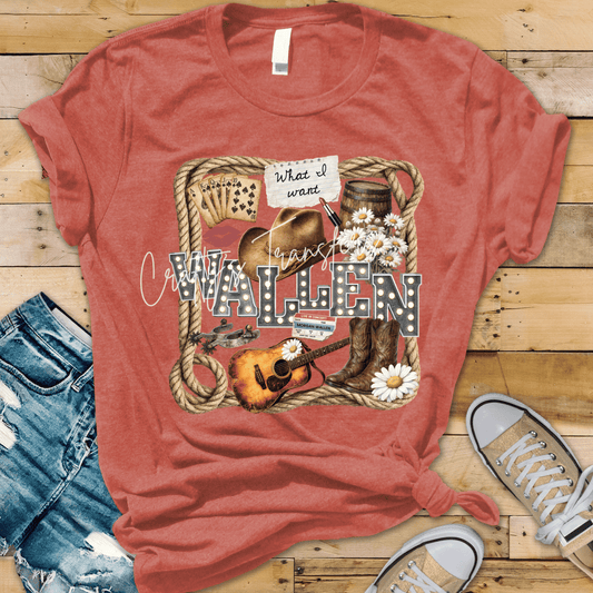Wallen Western DTF Transfer | Country Concert Graphic Tee Design | Cowboy Hat Boots Guitar Retro Western Shirt Transfer