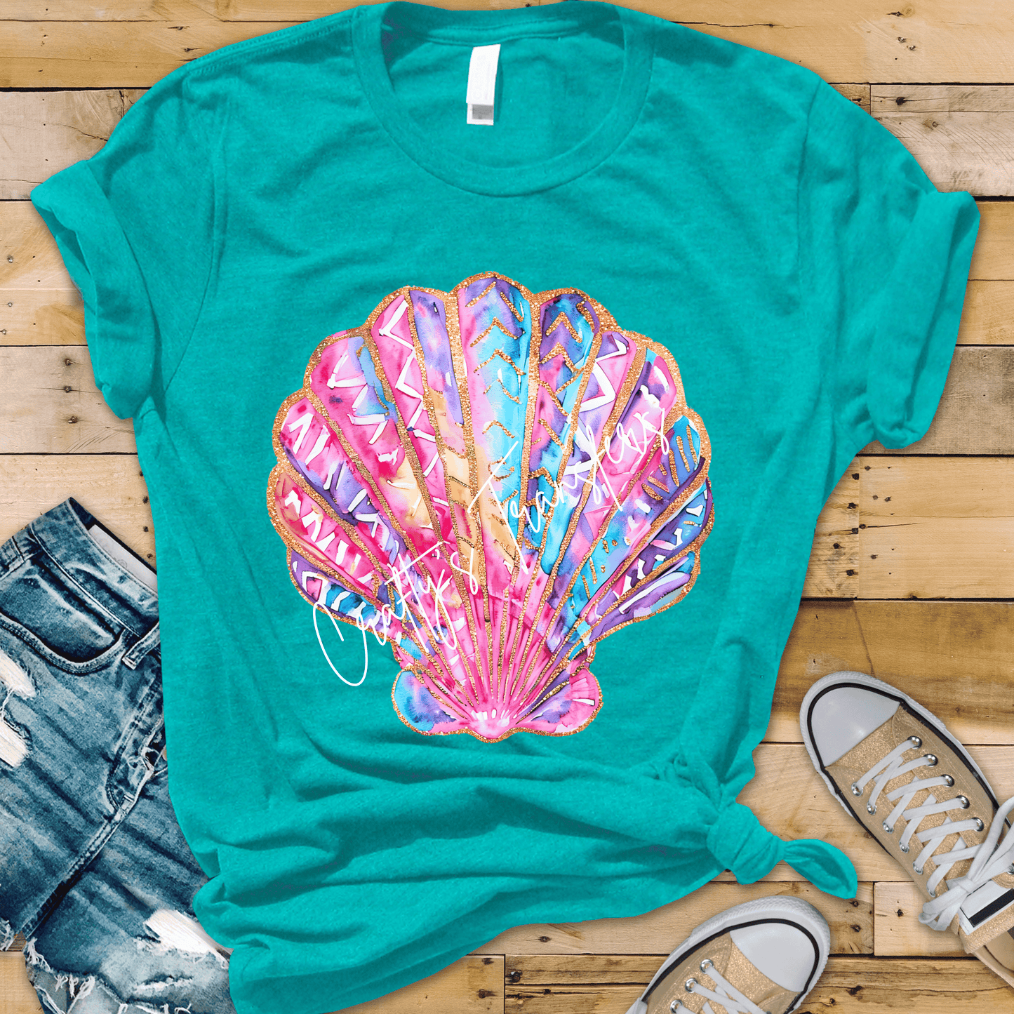 Colorful Seashell DTF Transfer | Glitter Watercolor Beach Shell Graphic | Coastal Summer Ocean Tee Design