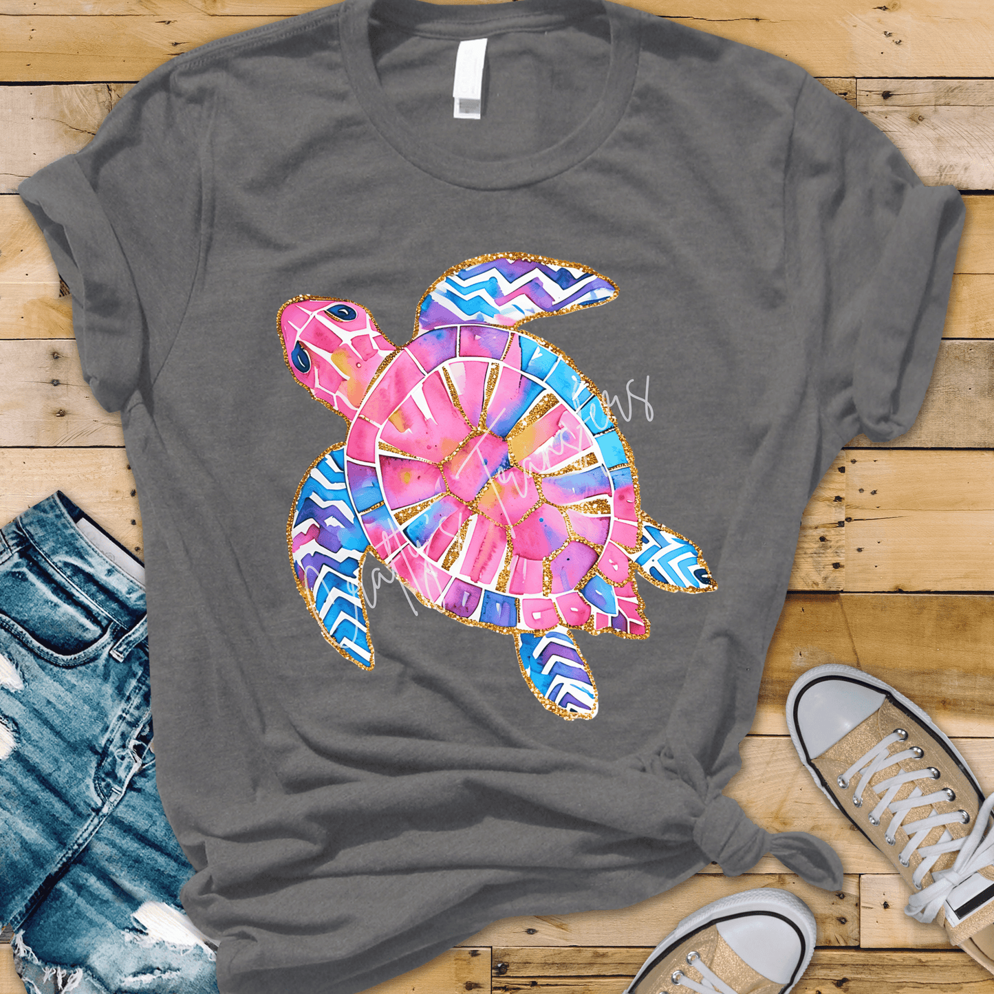 Colorful Sea Turtle DTF Transfer | Glitter Watercolor Coastal Graphic | Beach Ocean Summer Tee Design