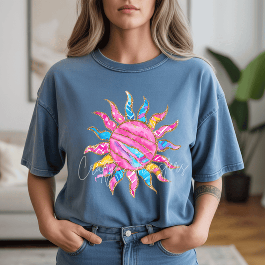 Colorful Sun DTF Transfer | Glitter Watercolor Sunshine Graphic | Bright Summer Beach Tee Design