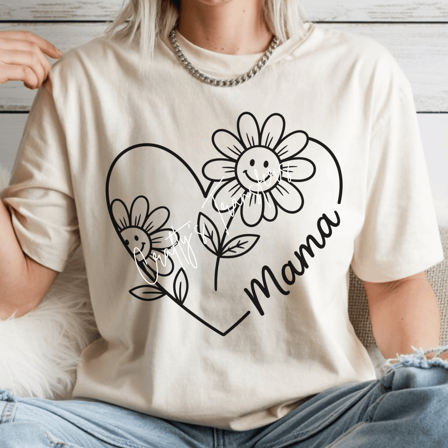 Mama Daisy Heart DTF Transfer | Cute Floral Mom Graphic | Minimal Line Art Flower Shirt Design | Trendy Boutique Mom Tee