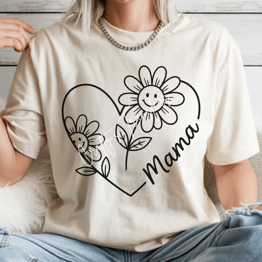 Mama Daisy Heart DTF Transfer | Cute Floral Mom Graphic | Minimal Line Art Flower Shirt Design | Trendy Boutique Mom Tee