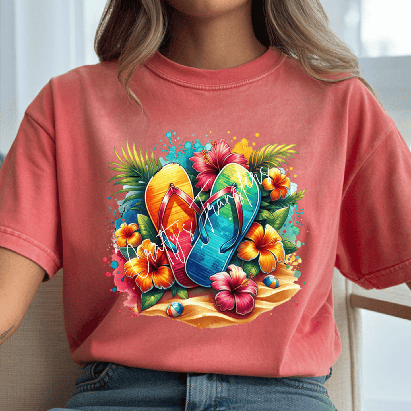 Colorful Flip Flops DTF Transfer | Tropical Hibiscus Beach Graphic | Summer Vacation Sandals Tee Design
