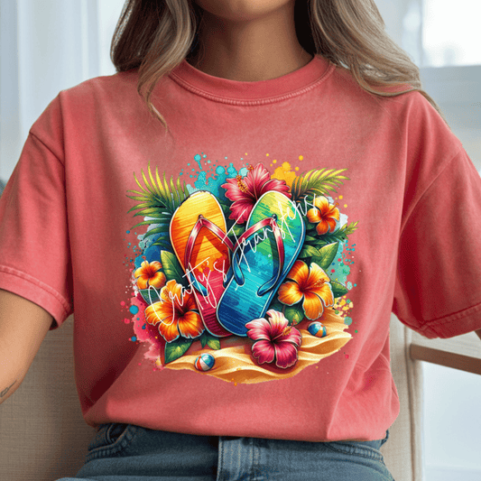 Colorful Flip Flops DTF Transfer | Tropical Hibiscus Beach Graphic | Summer Vacation Sandals Tee Design