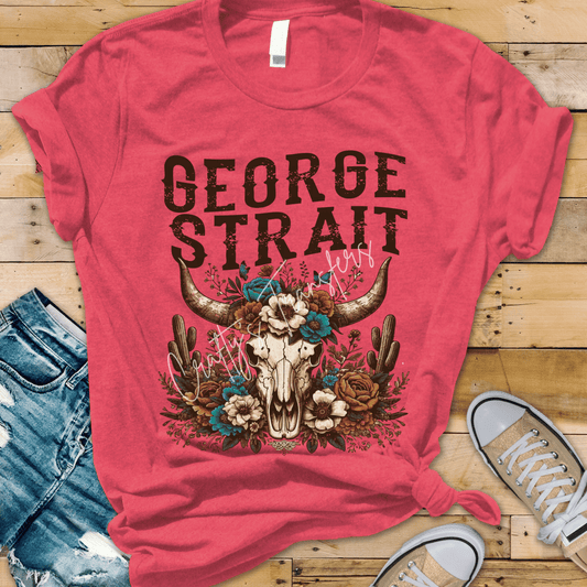 George Strait Western Skull DTF Transfer | Vintage Cow Skull Floral Graphic | Country Western Boutique Tee Design