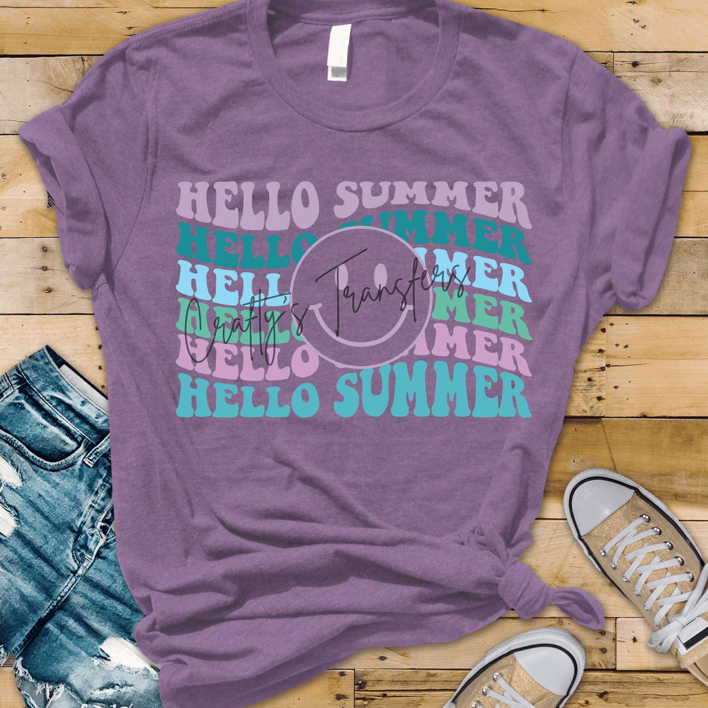 Hello Summer Smiley Face DTF Transfer | Retro Pastel Summer Graphic | Trendy Beach Vibes Tee Design