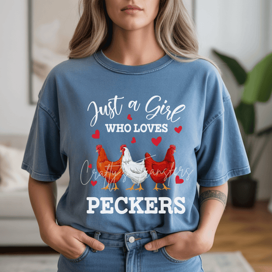 Just a Girl Who Loves Peckers DTF Transfer | Funny Chicken Shirt Transfer | Farm Life Graphic Tee Design