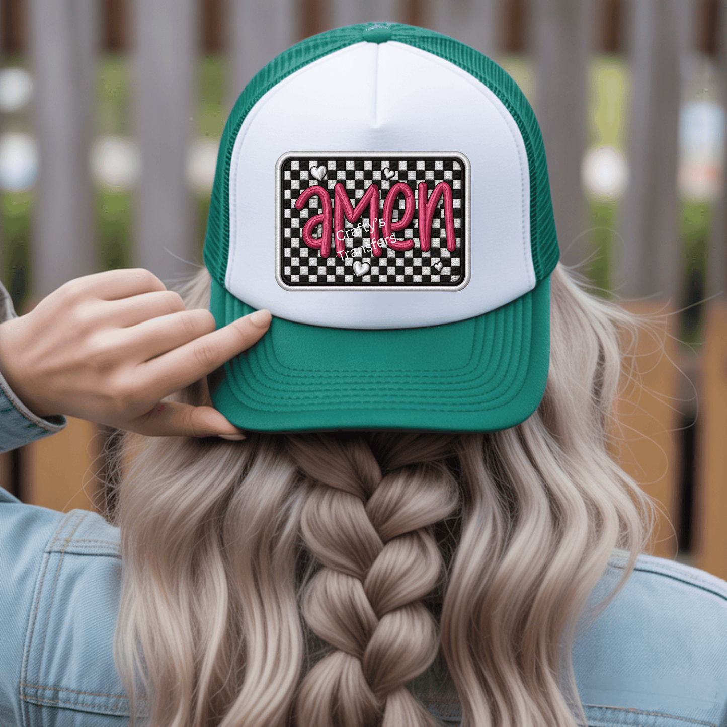 Amen on checkered background patch DTF