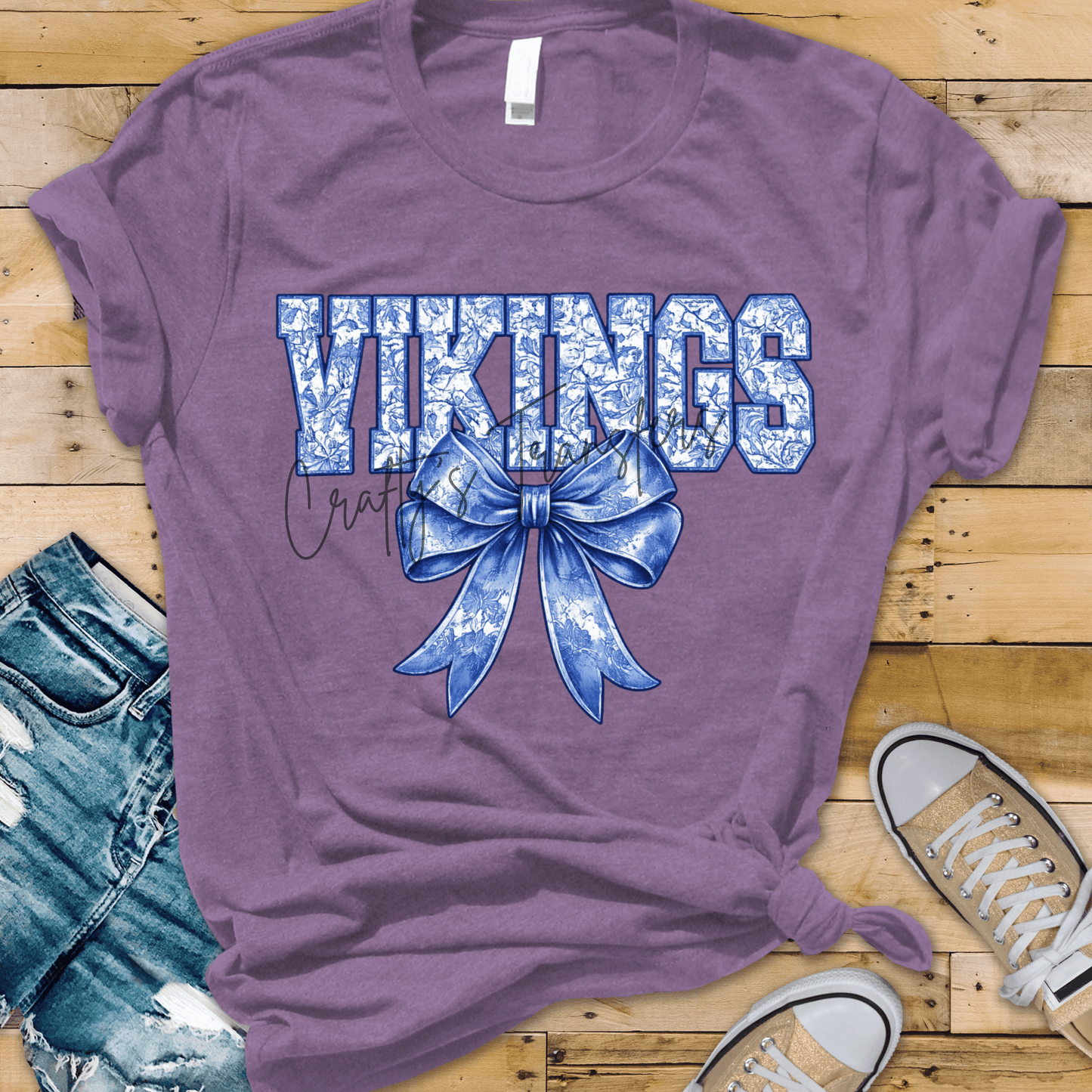 Vikings Chinoiserie Bow DTF Transfer | Blue Floral Varsity Football Shirt Transfer | Game Day Graphic Tee Design