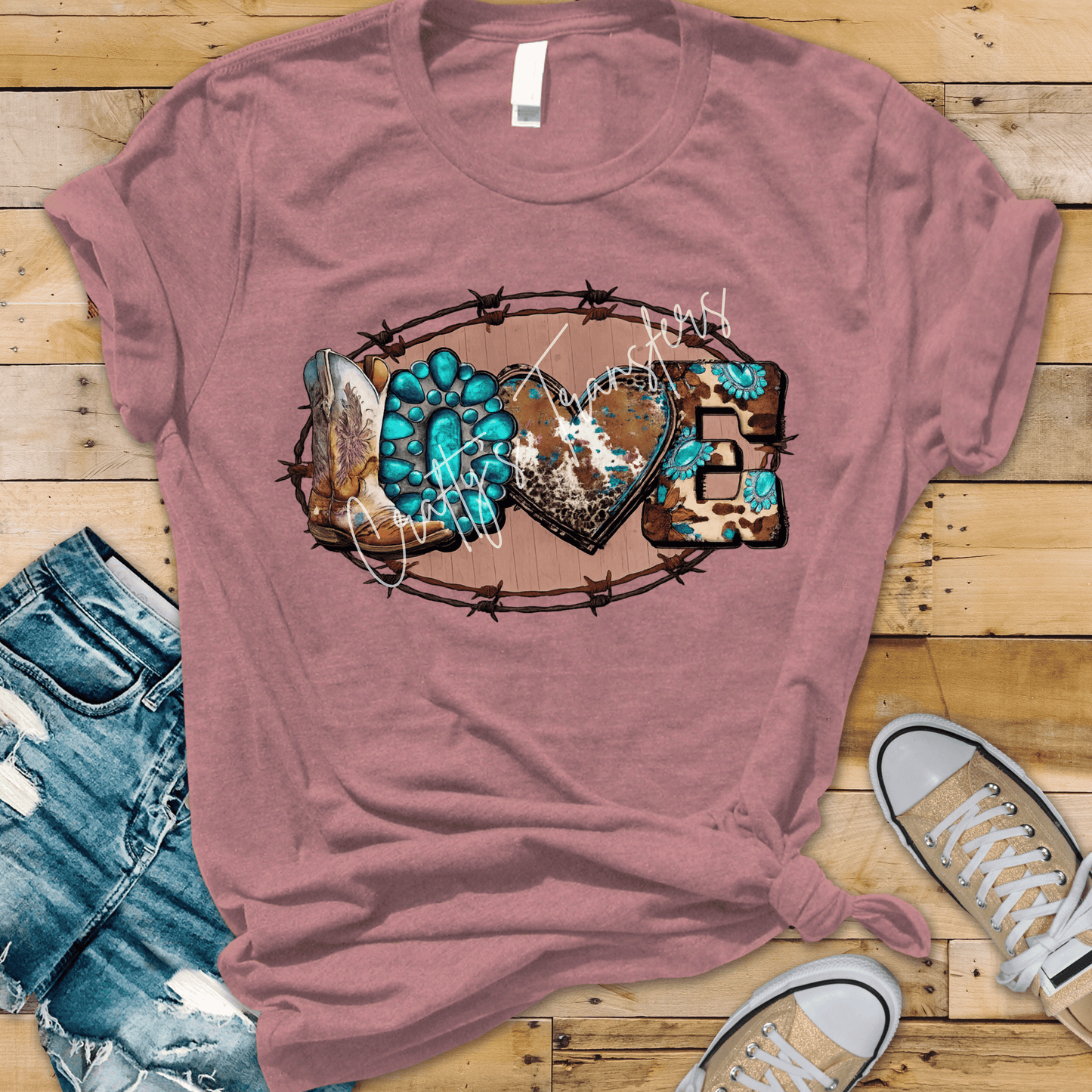 Western LOVE DTF Transfer | Turquoise Cowhide Boot Graphic | Rustic Country Shirt Design | Ready to Press Heat Transfer