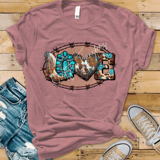 Western LOVE DTF Transfer | Turquoise Cowhide Boot Graphic | Rustic Country Shirt Design | Ready to Press Heat Transfer