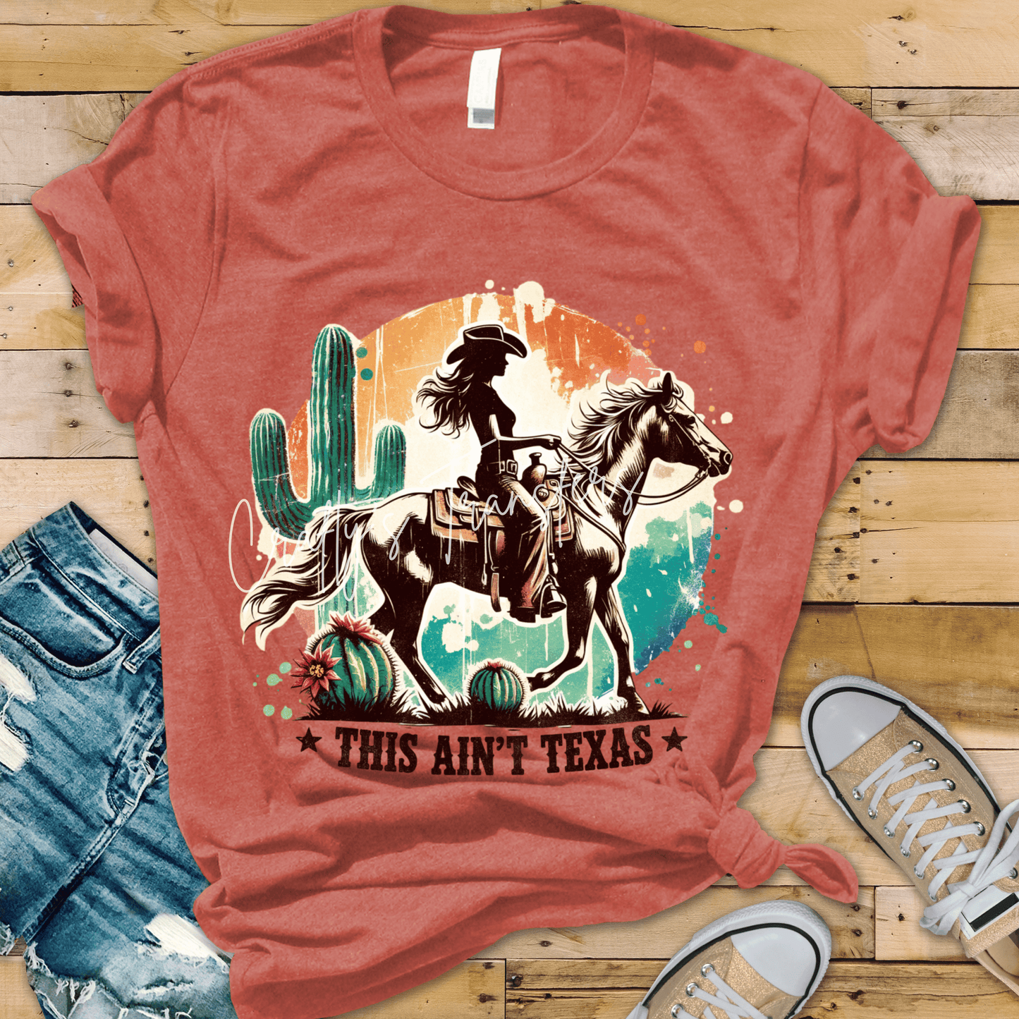 This Ain’t Texas DTF Transfer | Western Cowgirl Riding Horse Graphic | Texas Country Shirt Design | Desert Cactus Rodeo Ready to Press