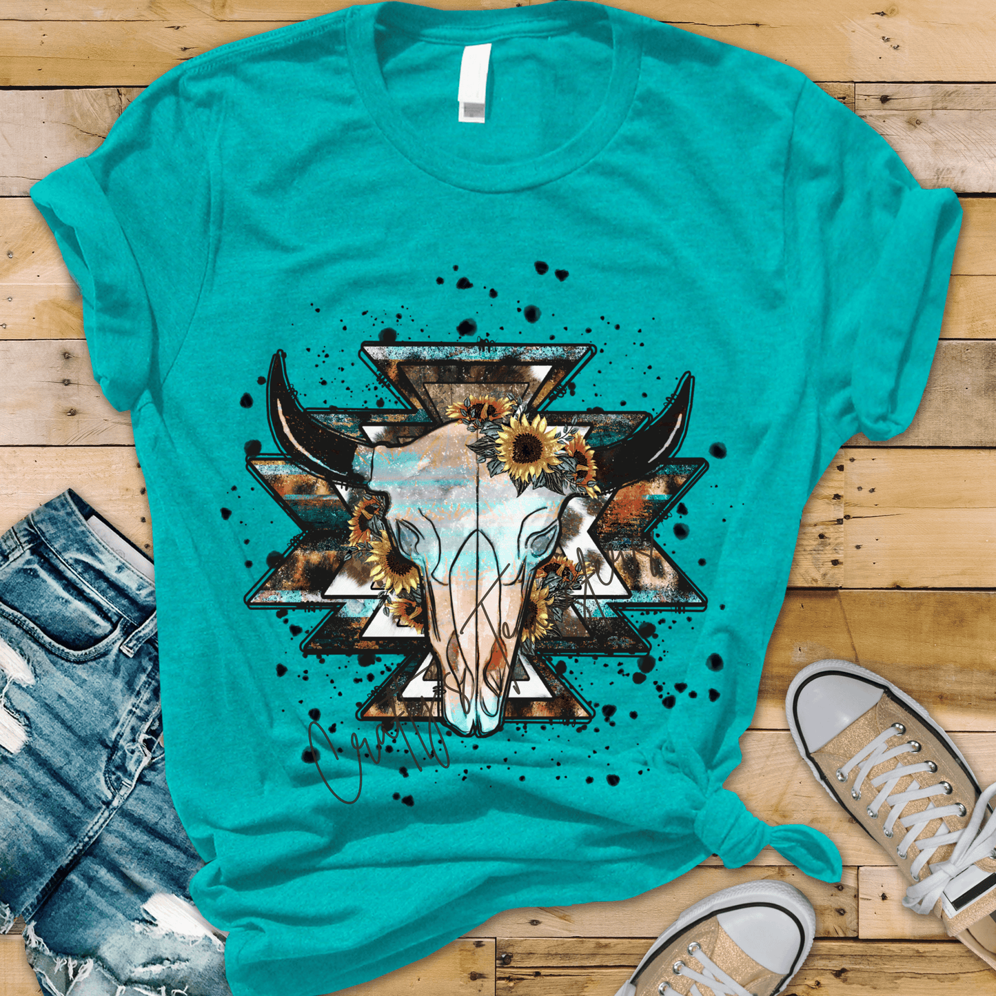 Western Steer Skull DTF Transfer | Turquoise Aztec Cow Skull with Sunflowers | Boho Cowgirl Shirt Design | Rustic Boutique Ready to Press
