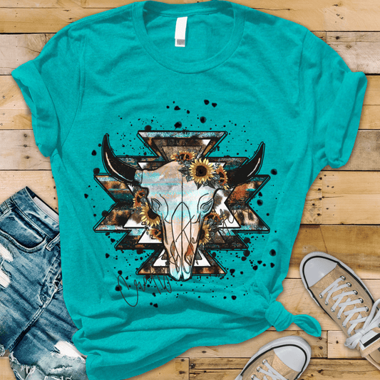 Western Steer Skull DTF Transfer | Turquoise Aztec Cow Skull with Sunflowers | Boho Cowgirl Shirt Design | Rustic Boutique Ready to Press