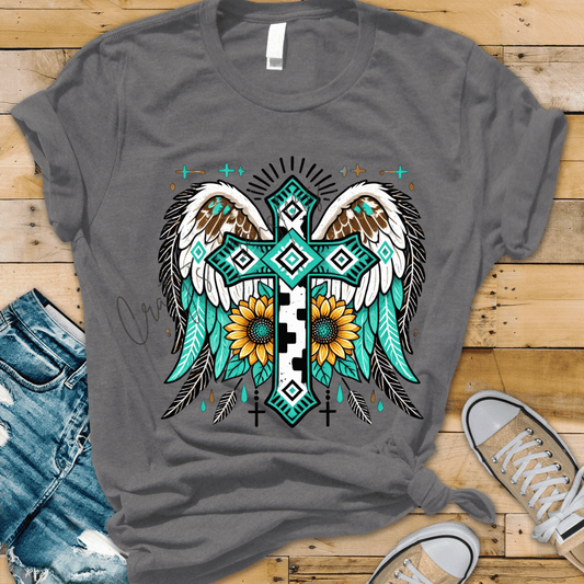 Western Cross DTF Transfer | Turquoise Aztec Cross with Wings & Sunflowers | Faith Based Cowgirl Shirt Design | Christian Boutique Ready to Press