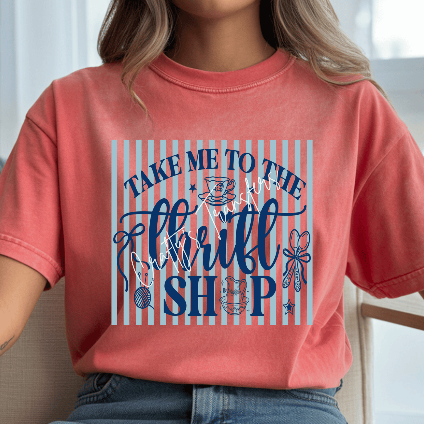 Take Me To The Thrift Shop DTF Transfer | Blue Vintage Aesthetic Shirt Design | Thrifting Lover Graphic Tee | Cute DIY Sewing Transfer