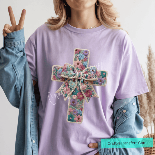 Floral Cross Bow DTF Transfer | Embroidered Style Christian Shirt Design | Faith Based Graphic Tee | Vintage Floral Cross Transfer | Boutique Faith Shirt