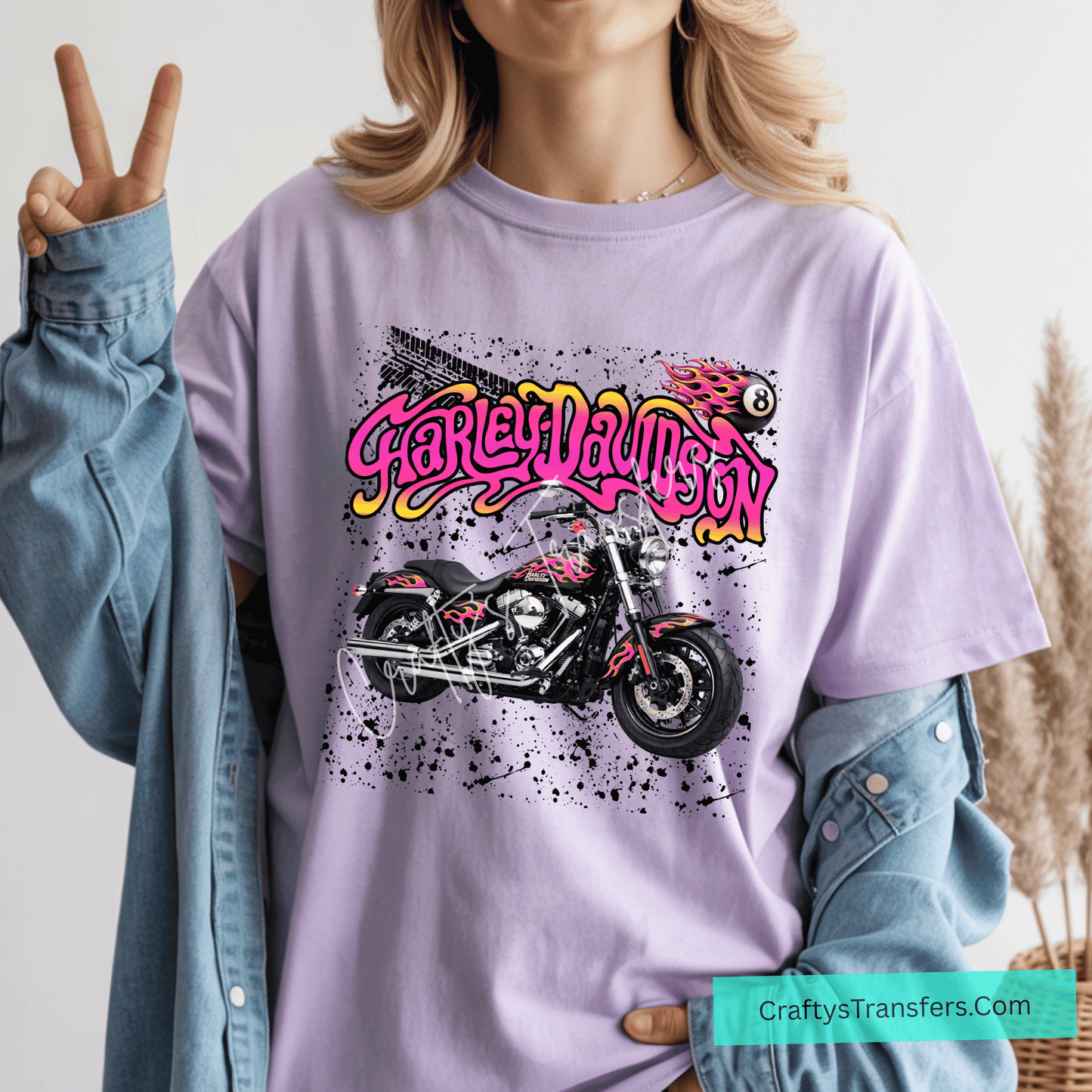 Harley Davidson Inspired DTF Transfer | Pink Flame Motorcycle Graphic | Biker Girl Shirt Design | Retro Moto Graphic Tee Transfer