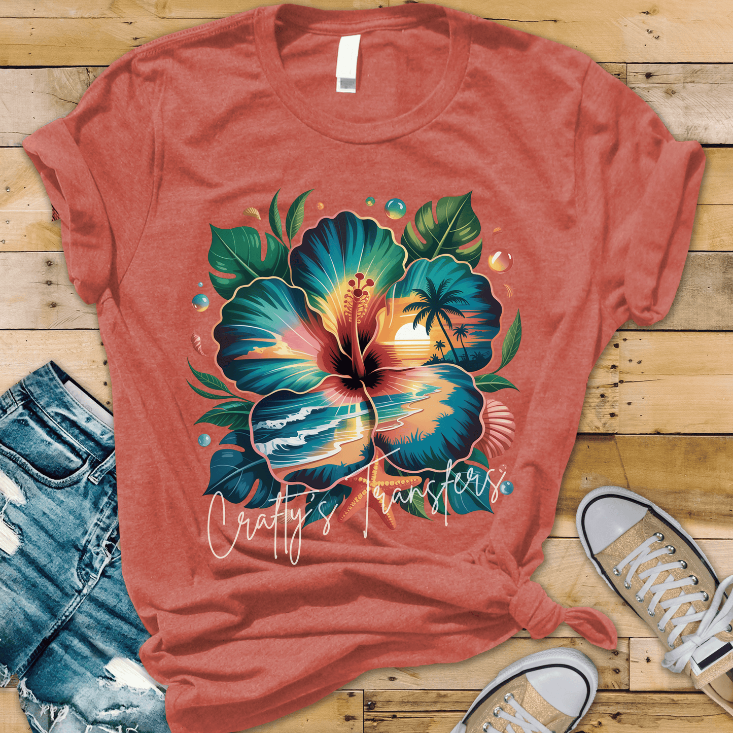 Tropical Hibiscus Sunset DTF Transfer | Beach Sunset Flower Design | Summer Coastal Graphic Tee Transfer