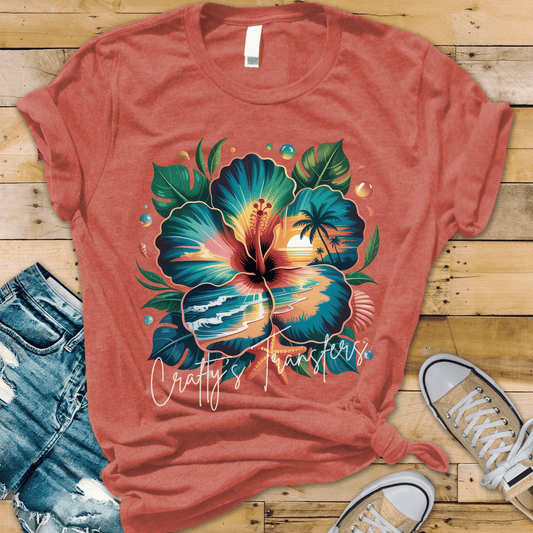 Tropical Hibiscus Sunset DTF Transfer | Beach Sunset Flower Design | Summer Coastal Graphic Tee Transfer
