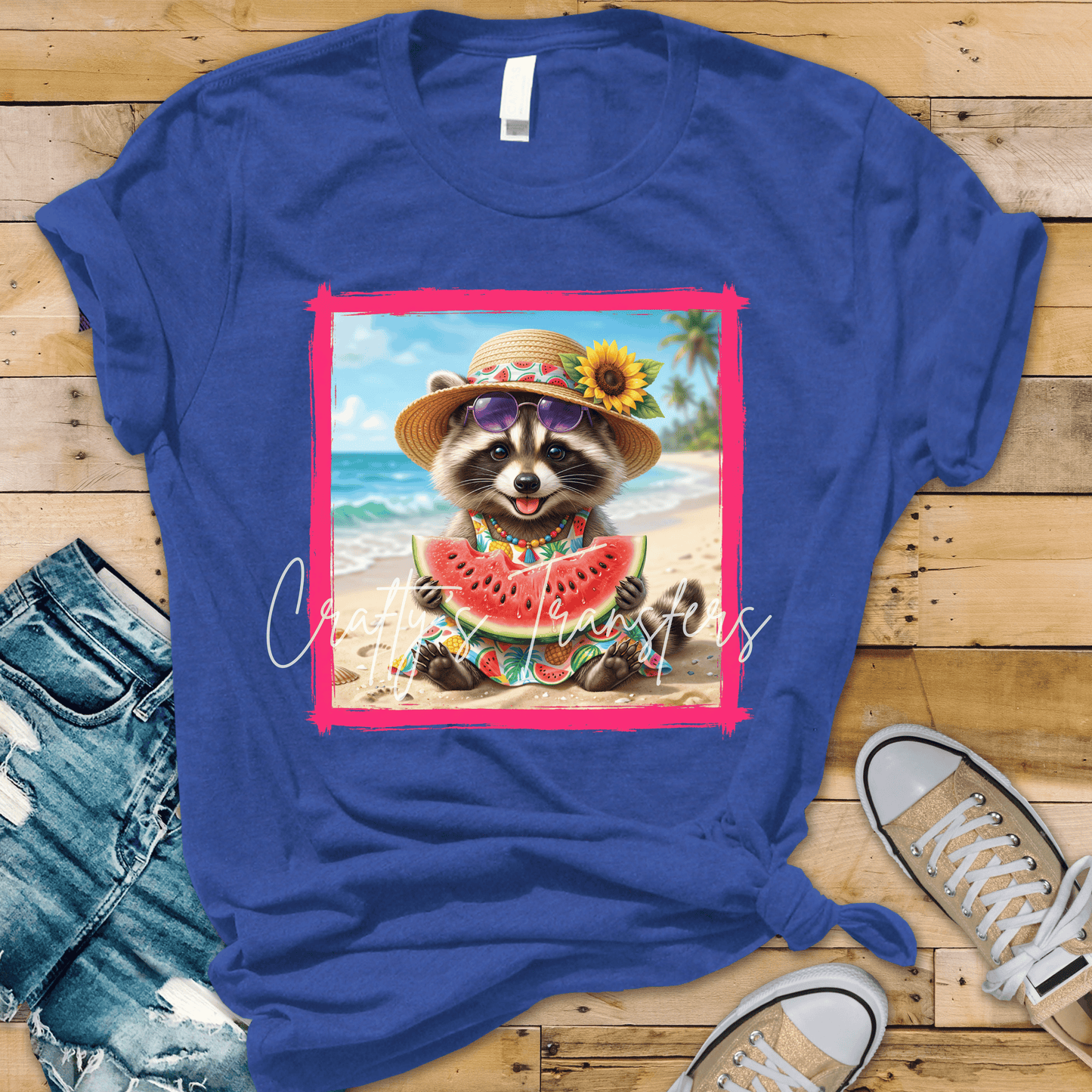 Cute Summer Raccoon DTF Transfer | Beach Raccoon Watermelon Design | Tropical Animal Graphic Tee Transfer