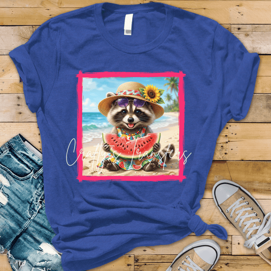 Cute Summer Raccoon DTF Transfer | Beach Raccoon Watermelon Design | Tropical Animal Graphic Tee Transfer