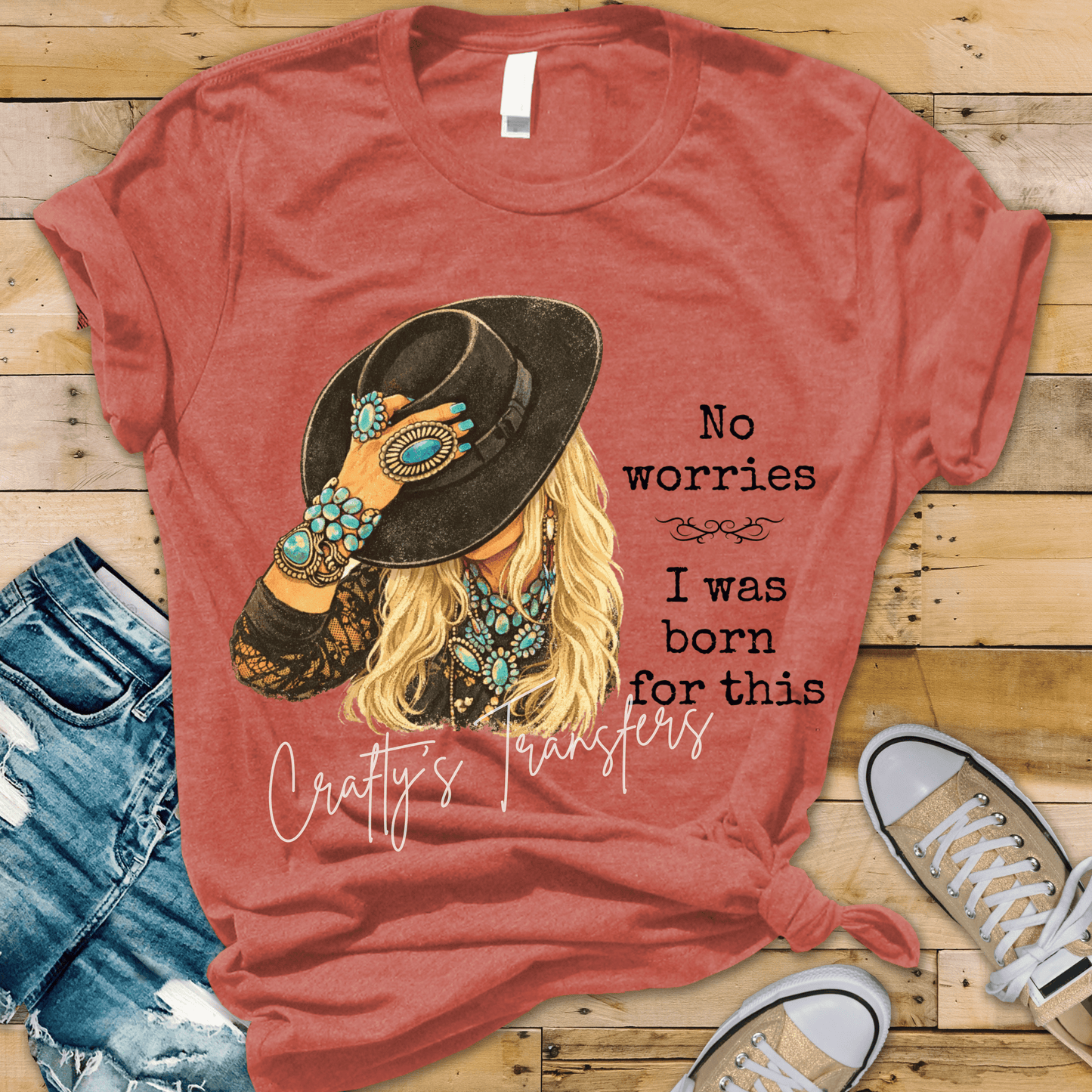 Western Cowgirl Hat Tip DTF Transfer | Turquoise Jewelry Cowgirl Graphic | Blonde Cowgirl Western Shirt Design | Boutique Rodeo Tee Transfer