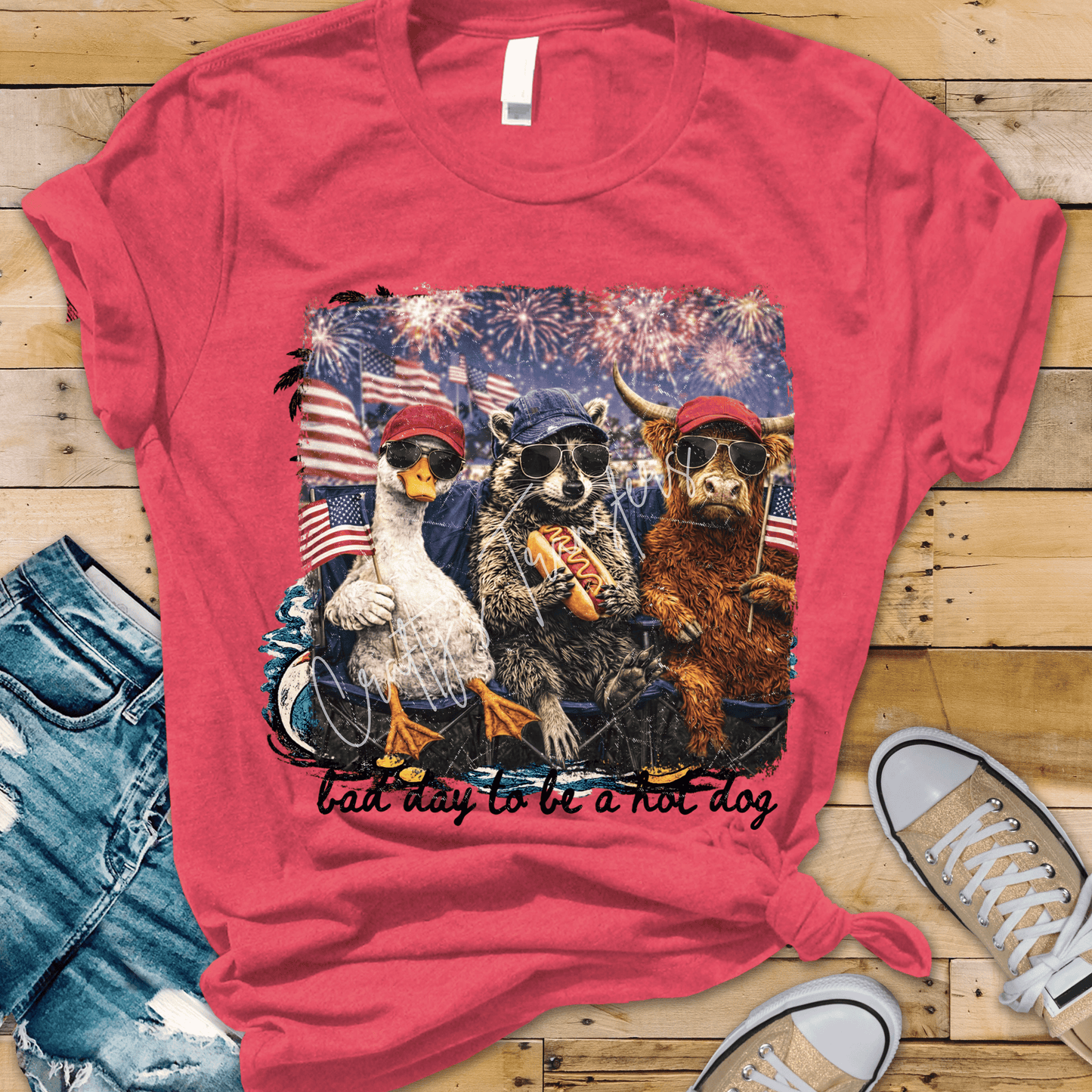 Bad Day To Be A Hot Dog DTF Transfer | Funny 4th of July Animal Shirt Design | Patriotic Goose Raccoon Highland Cow Graphic