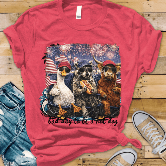 Bad Day To Be A Hot Dog DTF Transfer | Funny 4th of July Animal Shirt Design | Patriotic Goose Raccoon Highland Cow Graphic