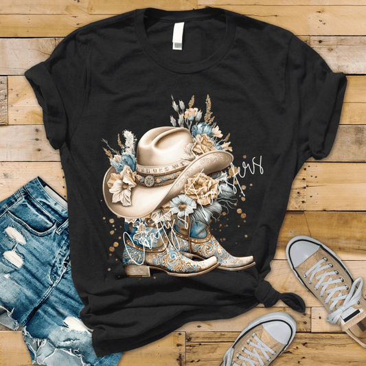 Western Cowgirl Boots & Hat DTF Transfer | Turquoise Floral Cowboy Boot Design | Rustic Boho Western Graphic | Boutique Cowgirl Shirt Transfer