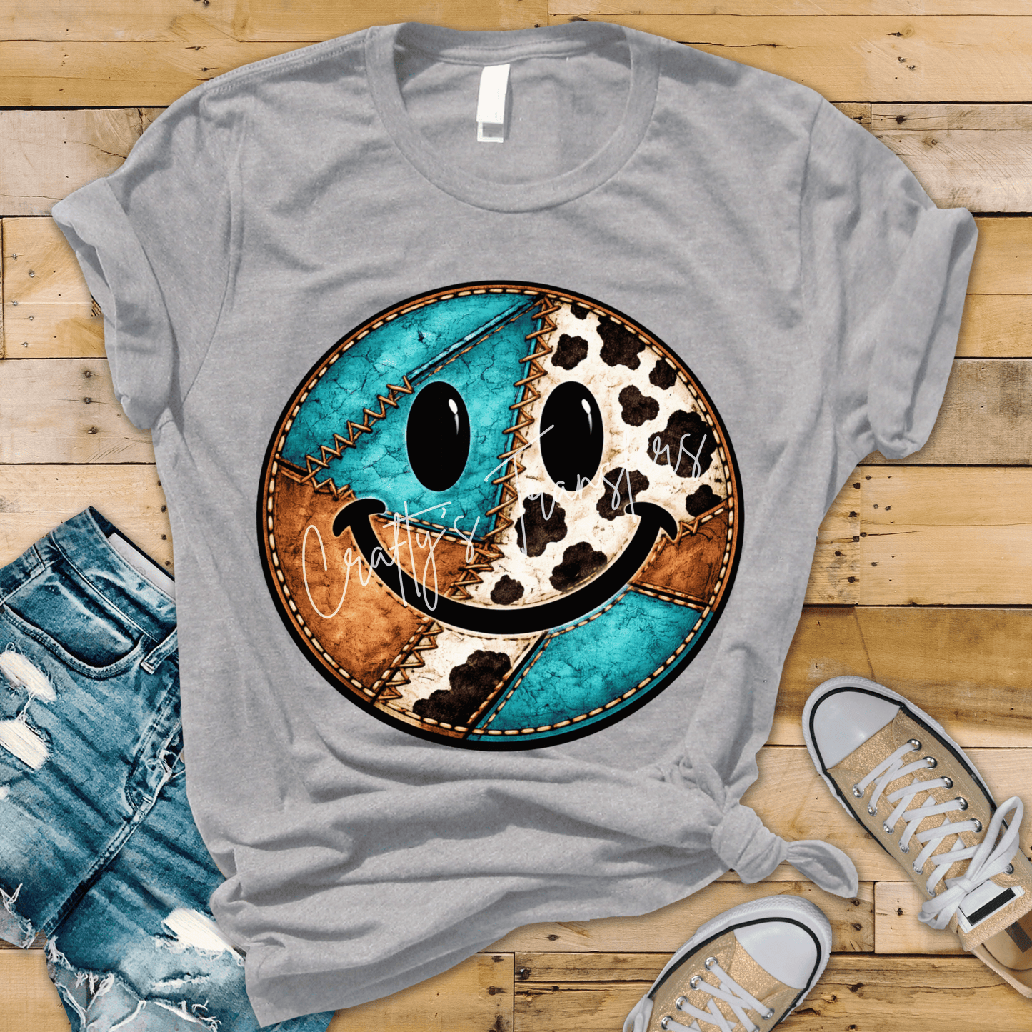 Western Patchwork Smiley Face DTF Transfer | Cow Print Turquoise Rustic Smiley Design | Trendy Boutique Graphic Tee Transfer