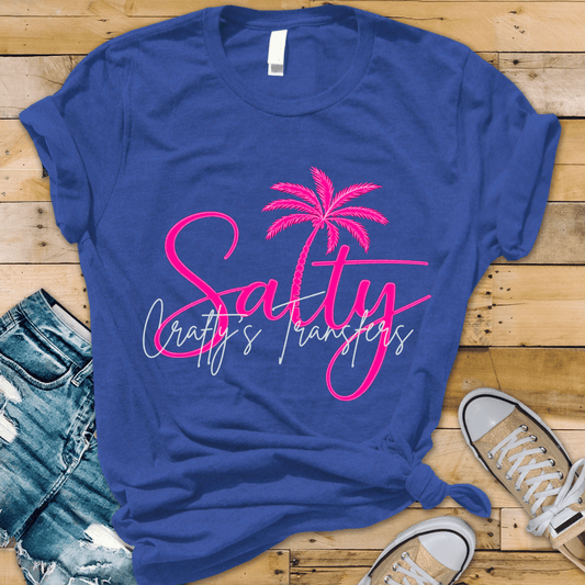 Salty Neon Pink Palm Tree DTF Transfer | Beach Summer Script Design | Trendy Coastal Graphic Tee Transfer