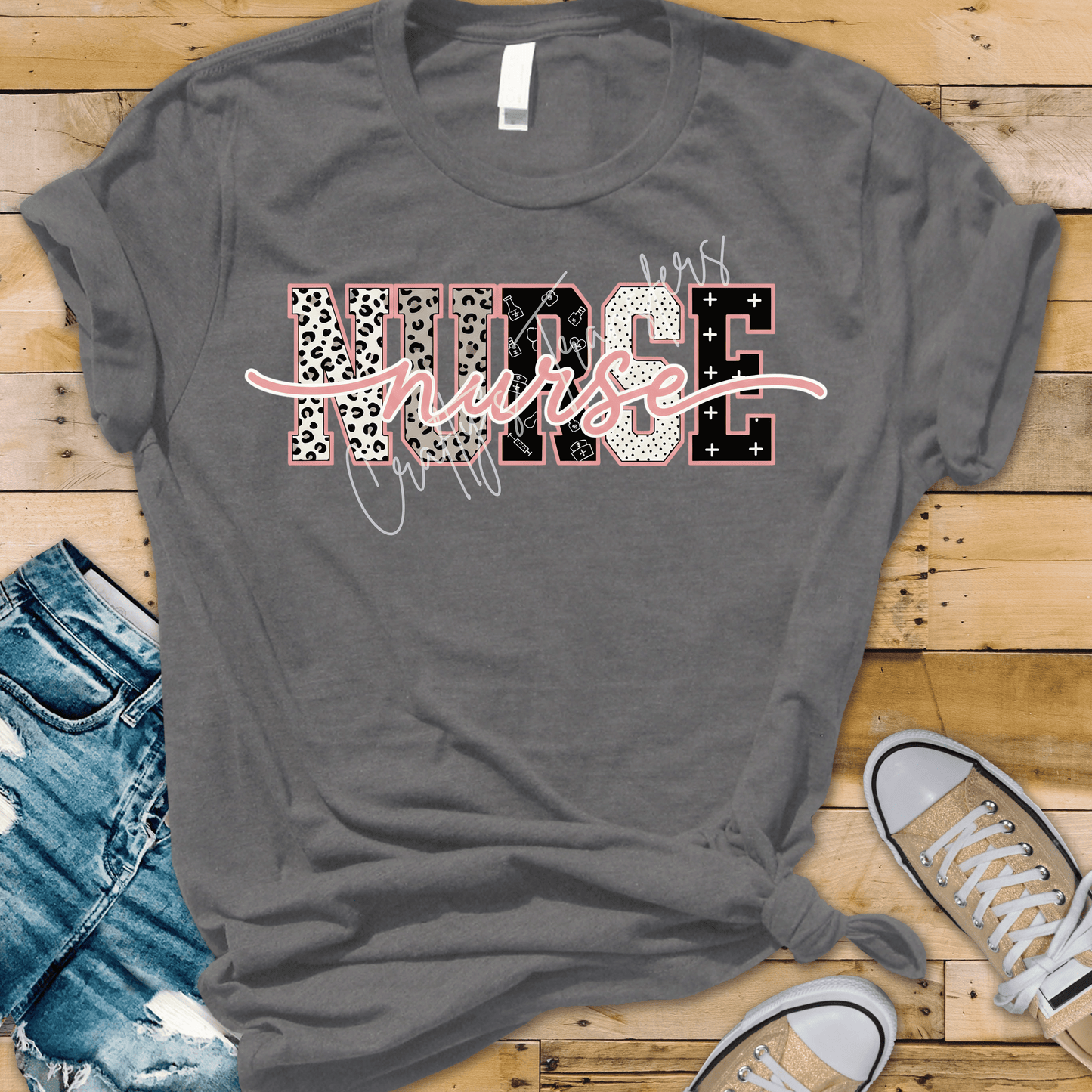 Nurse Leopard Print DTF Transfer – Pink Script Nurse Graphic – Medical Nurse Life Shirt Transfer – Healthcare Tee Design
