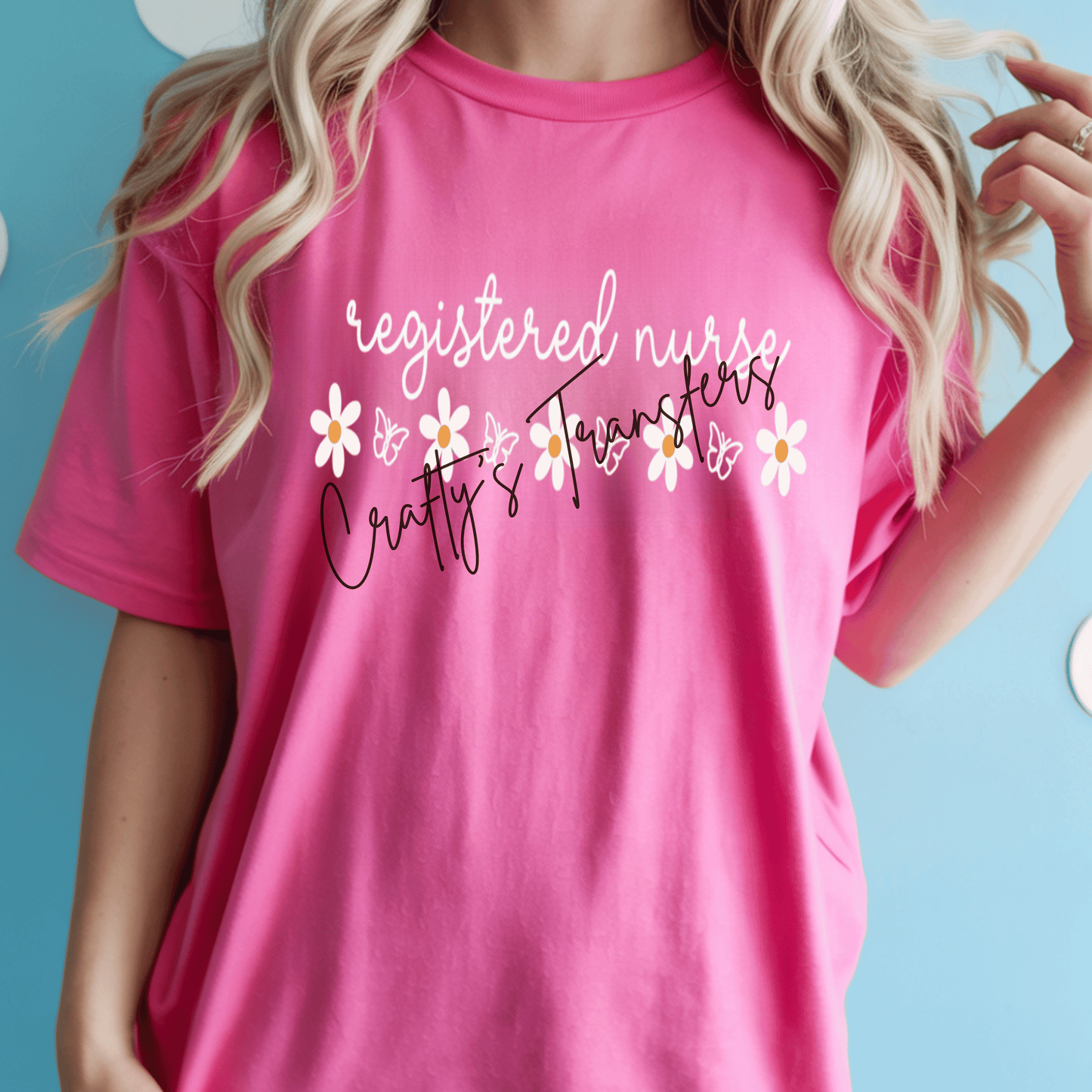 Registered Nurse DTF Transfer – Daisy & Butterfly Nurse Design – Minimalist Healthcare Graphic Tee Transfer