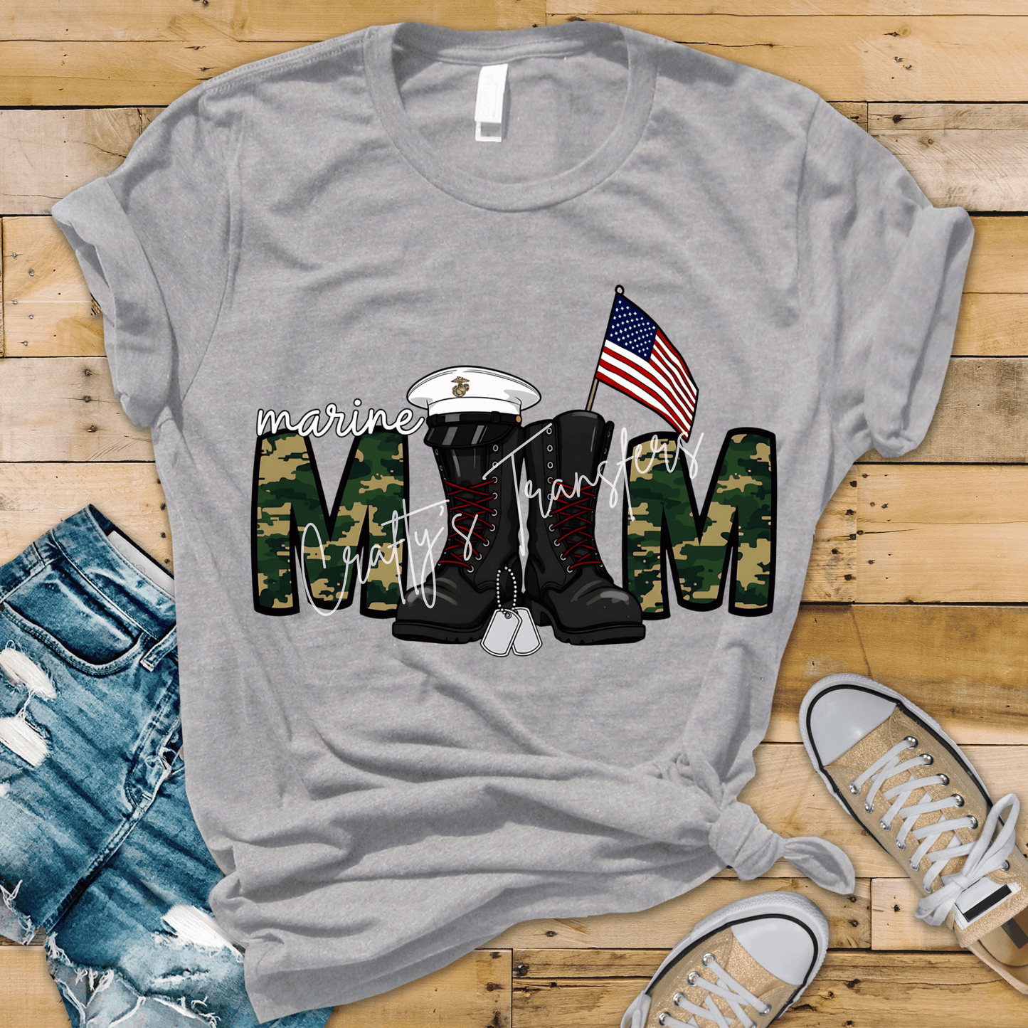 Marine Mom DTF Transfer | Military Mom Shirt Design | USMC Pride Graphic | Patriotic Boots & Flag Transfer