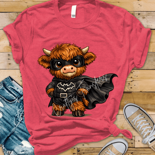 Superhero Highland Cow DTF Transfer | Cute Cow in Cape & Mask Graphic | Funny Farm Animal Shirt Design