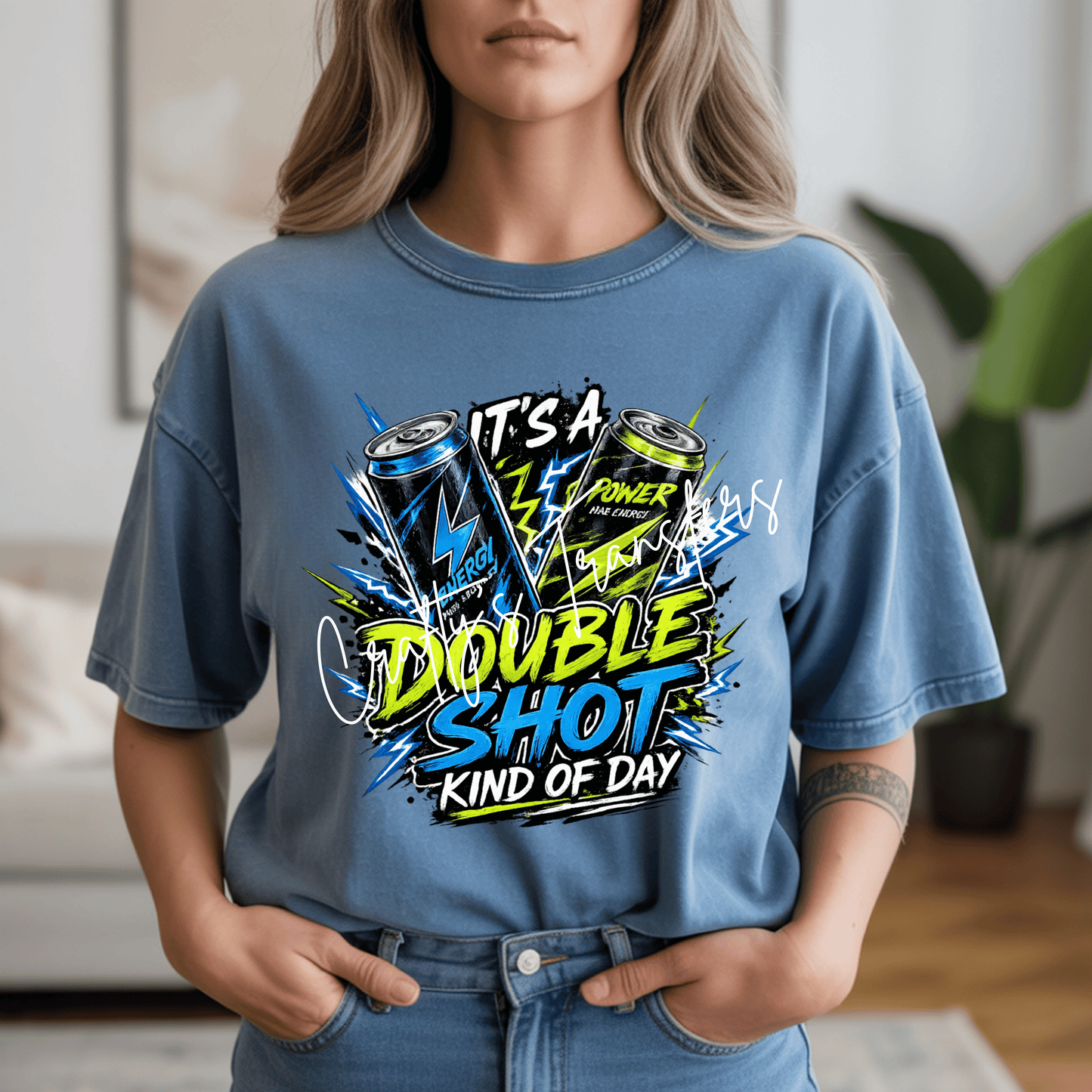Double Shot Energy Drink DTF Transfer – It’s a Double Shot Kind of Day Graphic – Neon Blue & Green Lightning Design
