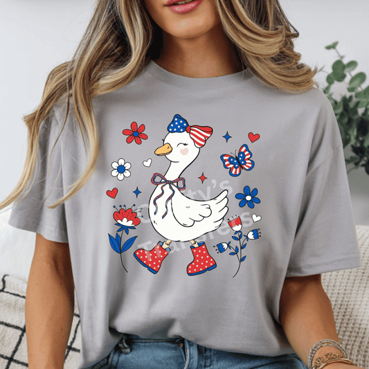 Patriotic Goose DTF Transfer – 4th of July Cute Duck Design – Red White Blue Americana Graphic Tee Transfer