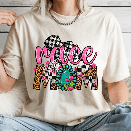 Race Mom DTF Transfer | Checkered Flag Leopard Print Western Mom Shirt Design | Racing Mom Graphic Tee Transfer