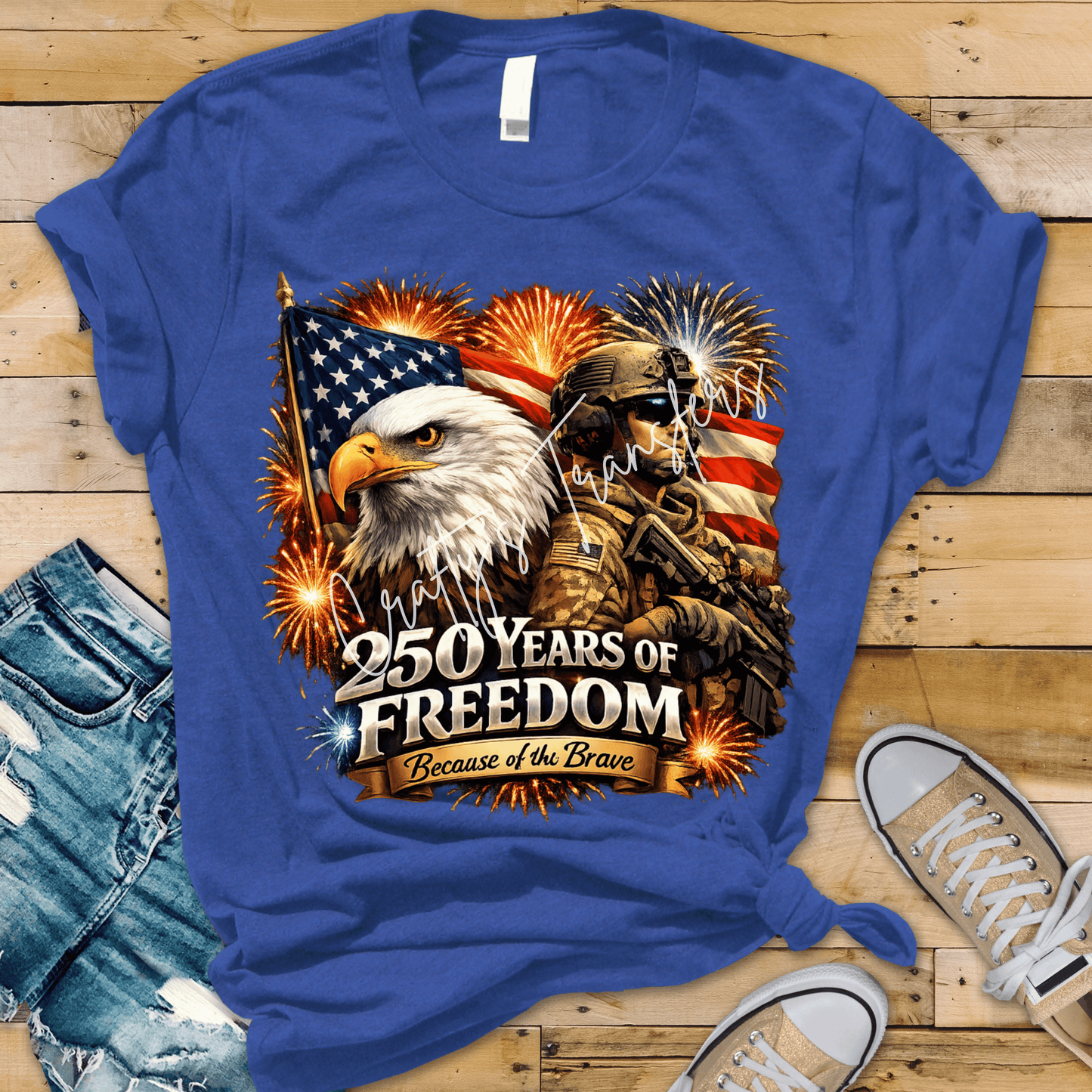 250 Years of Freedom DTF Transfer | Patriotic Eagle Soldier Shirt Design | Because of the Brave 4th of July Graphic | America 1776–2026